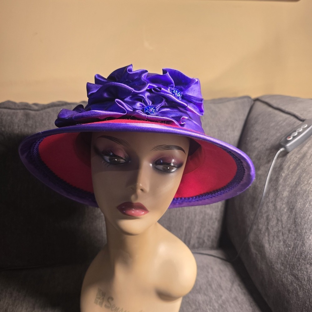 Red Society Purple Satin Floral 100% Wool Church Hat‎ Cloche Tea Party RN110280